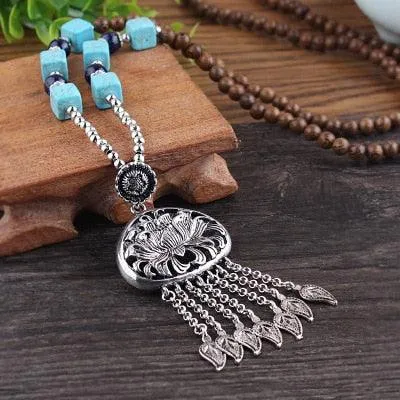 Boho Buddhist Wood Pendant Necklace