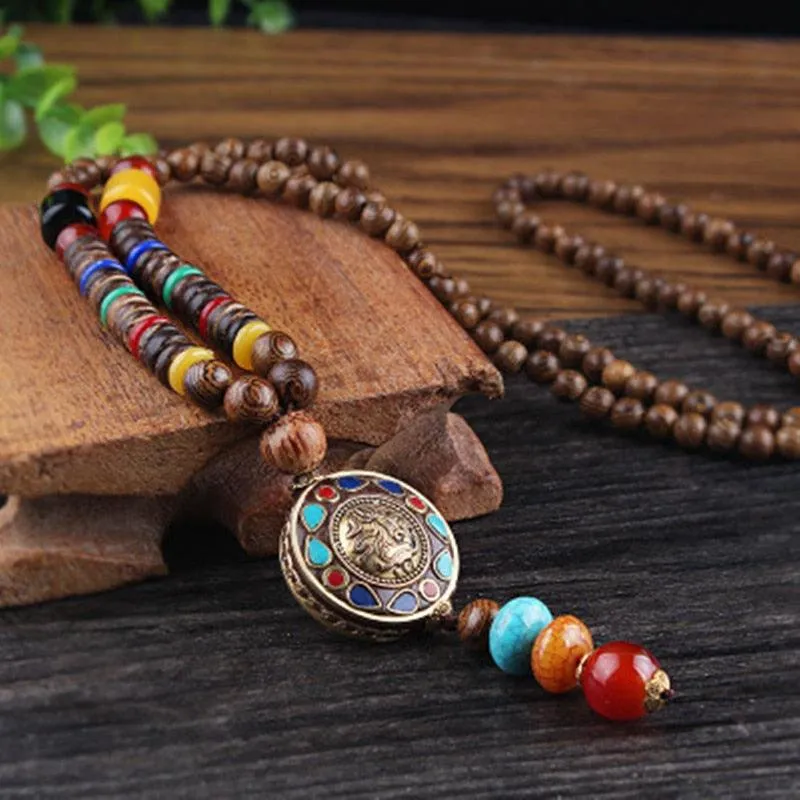 Boho Buddhist Wood Pendant Necklace