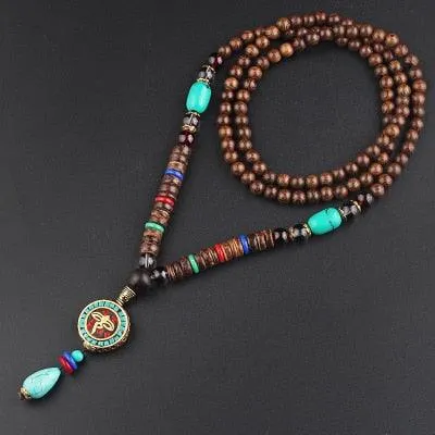 Boho Buddhist Wood Pendant Necklace