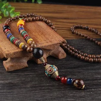 Boho Buddhist Wood Pendant Necklace