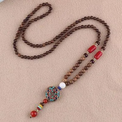 Boho Buddhist Wood Pendant Necklace