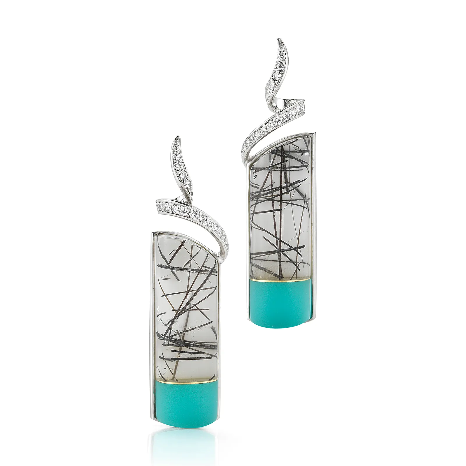 Carved Tourmalinated Quartz, Turquoise, Rock Crystal and Diamond Twirl Earrings