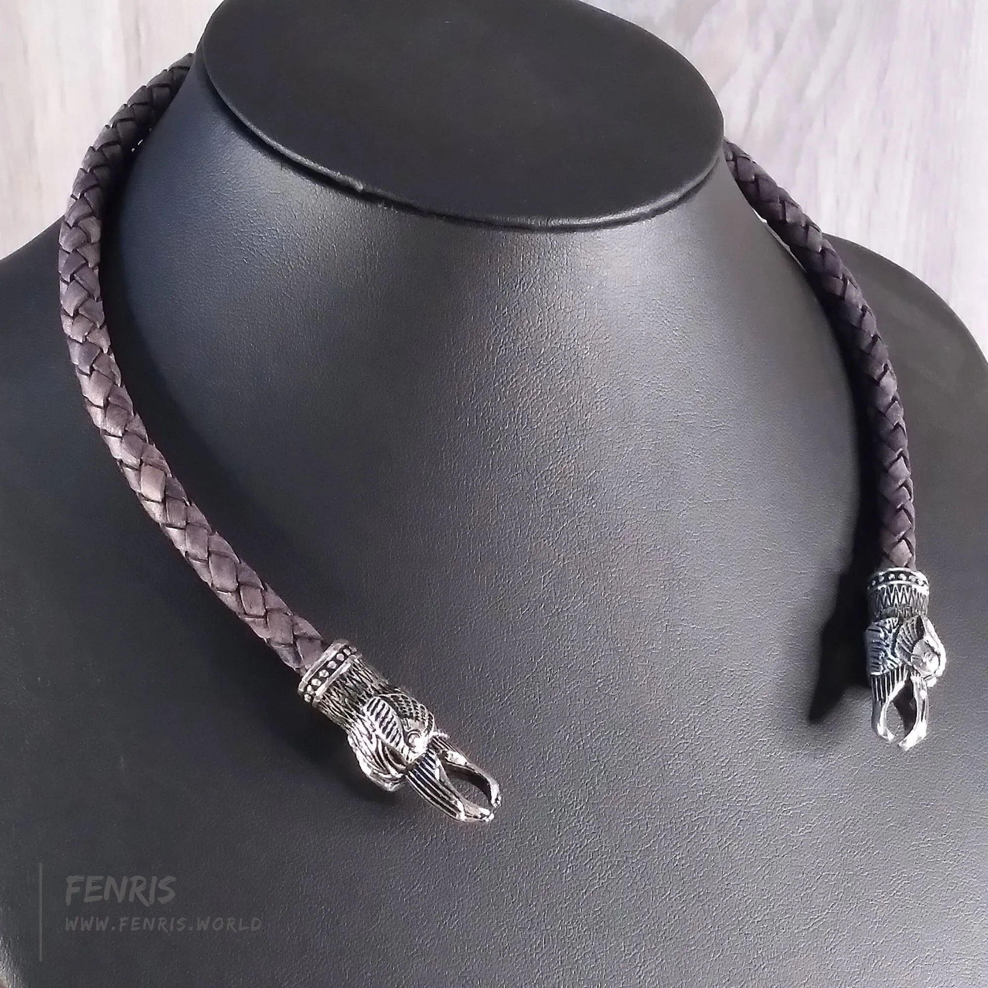 Celtic Torc Silver Raven Ancient Gray Leather | Fenris