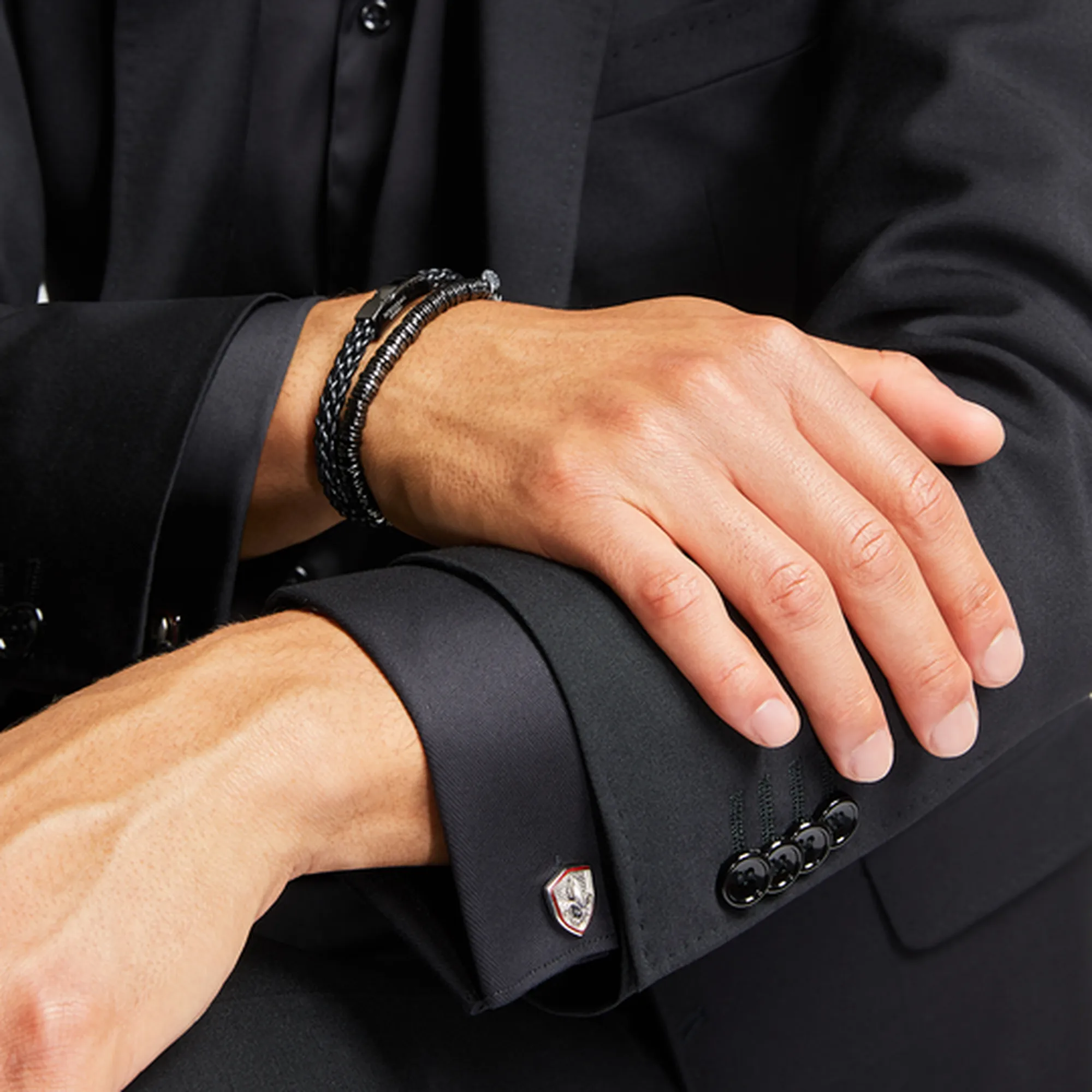 Click Trenza Bracelet in Italian Black Leather with Black Rhodium Plated Sterling Silver