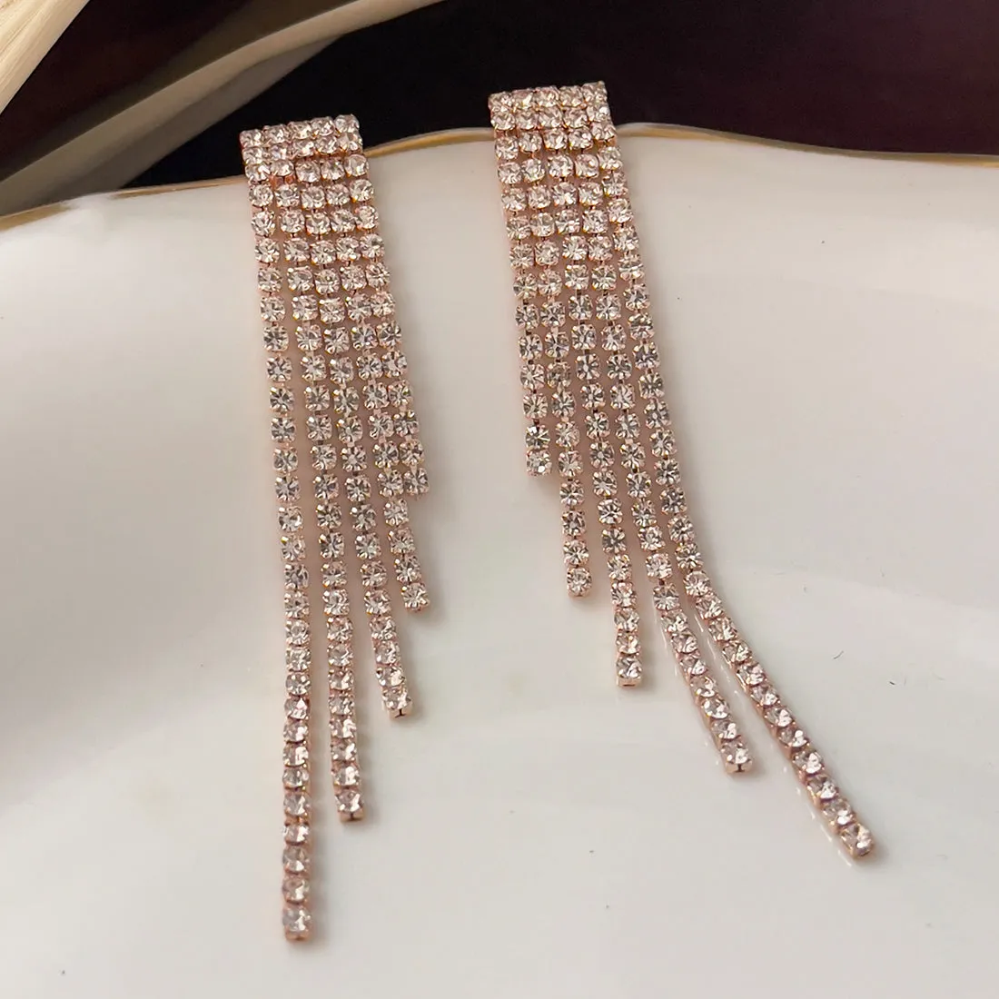 Contemporary White Diamante Crystal Studded Rose Gold-Toned Long Asymmetric Tassel Drop Earrings