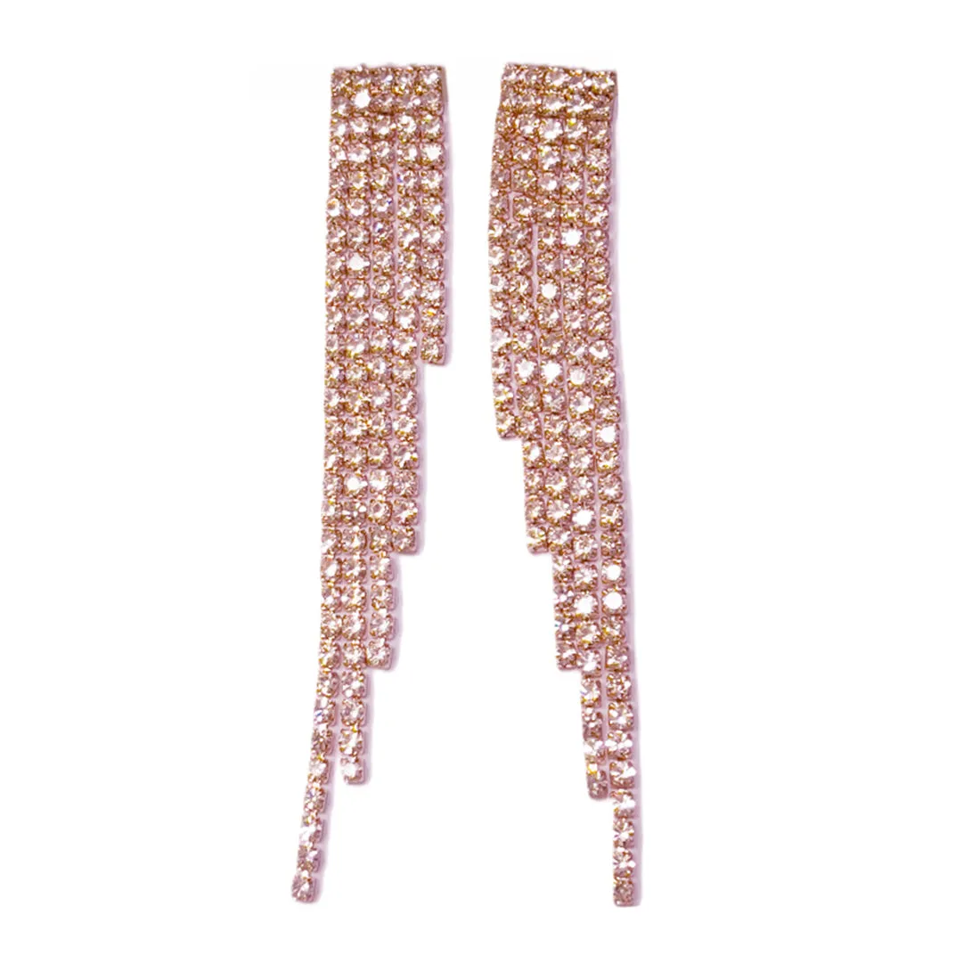 Contemporary White Diamante Crystal Studded Rose Gold-Toned Long Asymmetric Tassel Drop Earrings