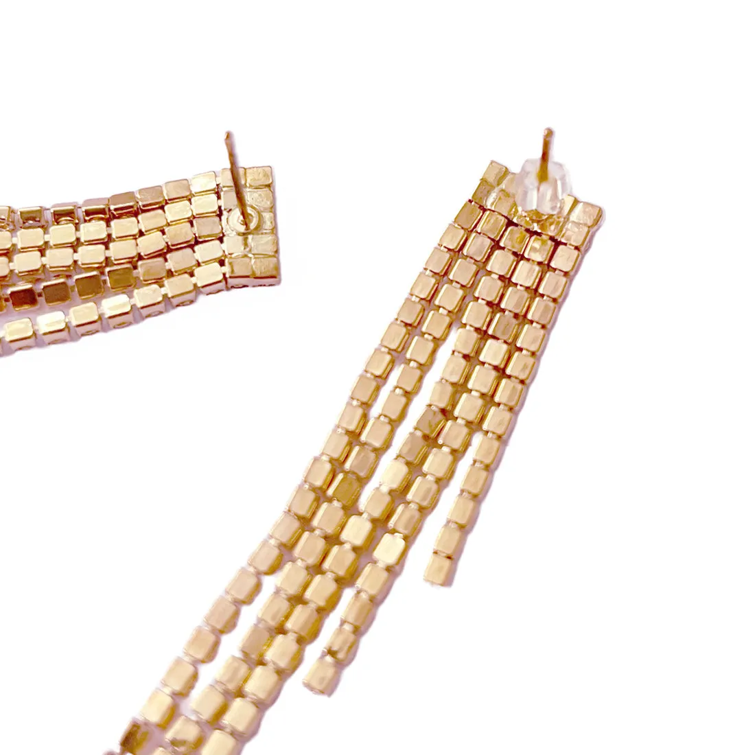 Contemporary White Diamante Crystal Studded Rose Gold-Toned Long Asymmetric Tassel Drop Earrings