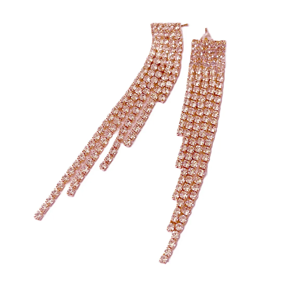 Contemporary White Diamante Crystal Studded Rose Gold-Toned Long Asymmetric Tassel Drop Earrings