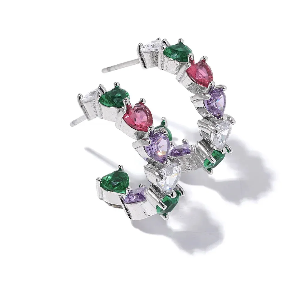 Cubic Zirconia Heart Shaped Colorful Hoop Earrings