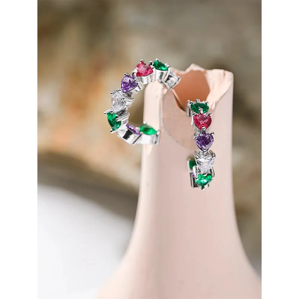 Cubic Zirconia Heart Shaped Colorful Hoop Earrings