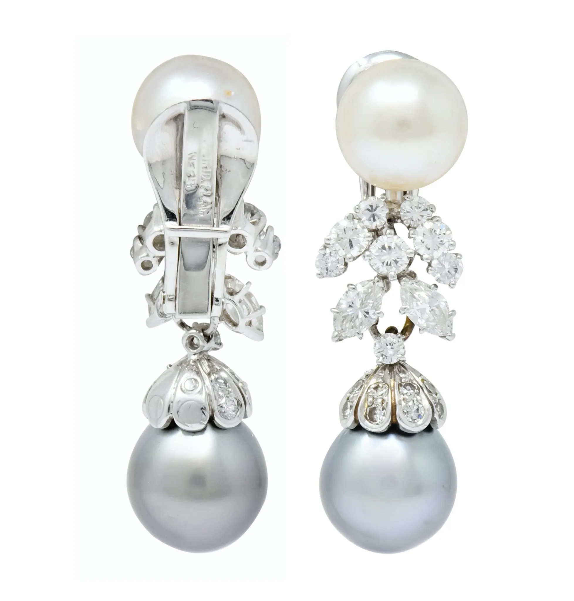 David Webb 2.40 CTW Diamond Cultured Pearl Drop Ear-Clip Earrings