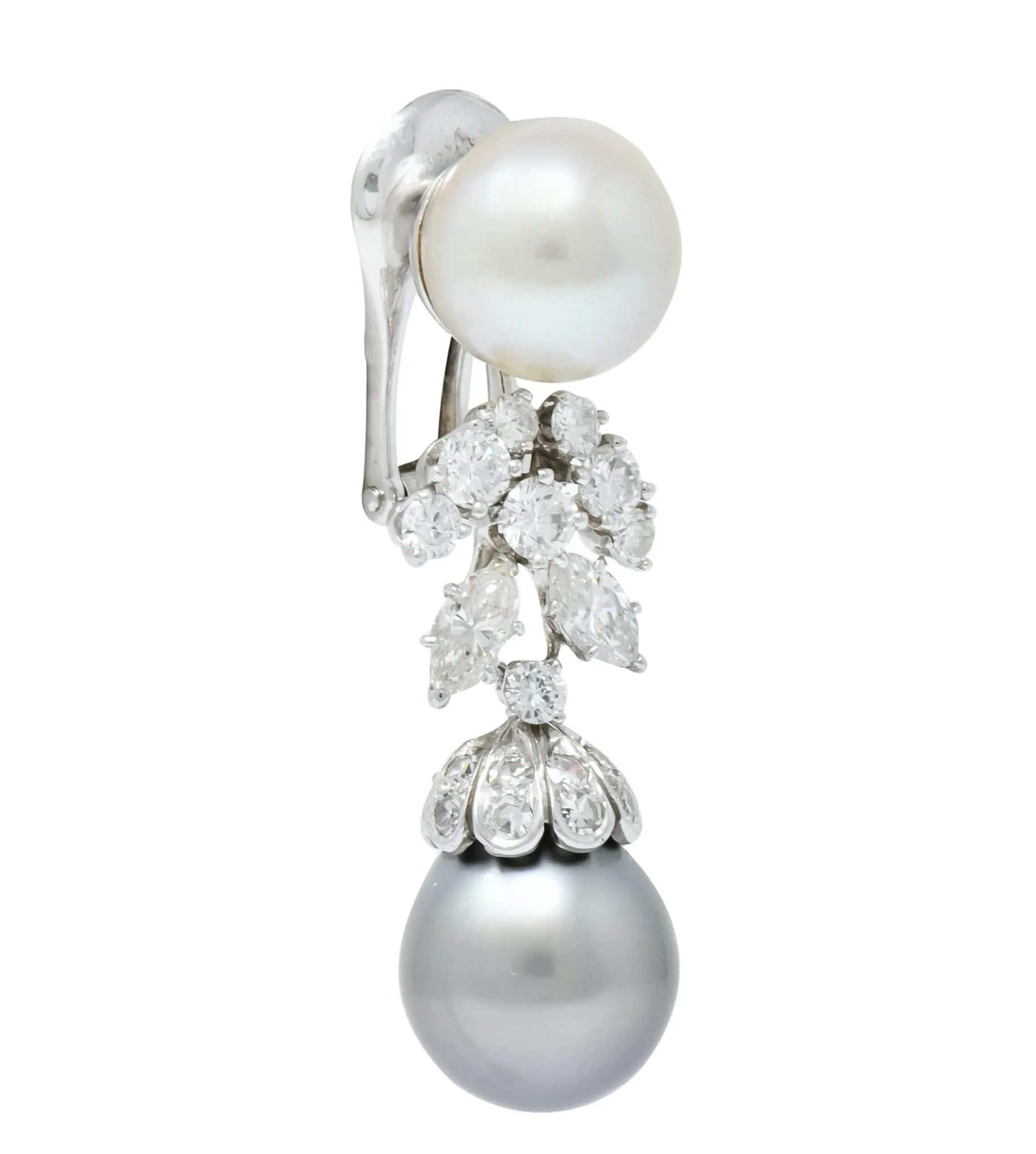 David Webb 2.40 CTW Diamond Cultured Pearl Drop Ear-Clip Earrings