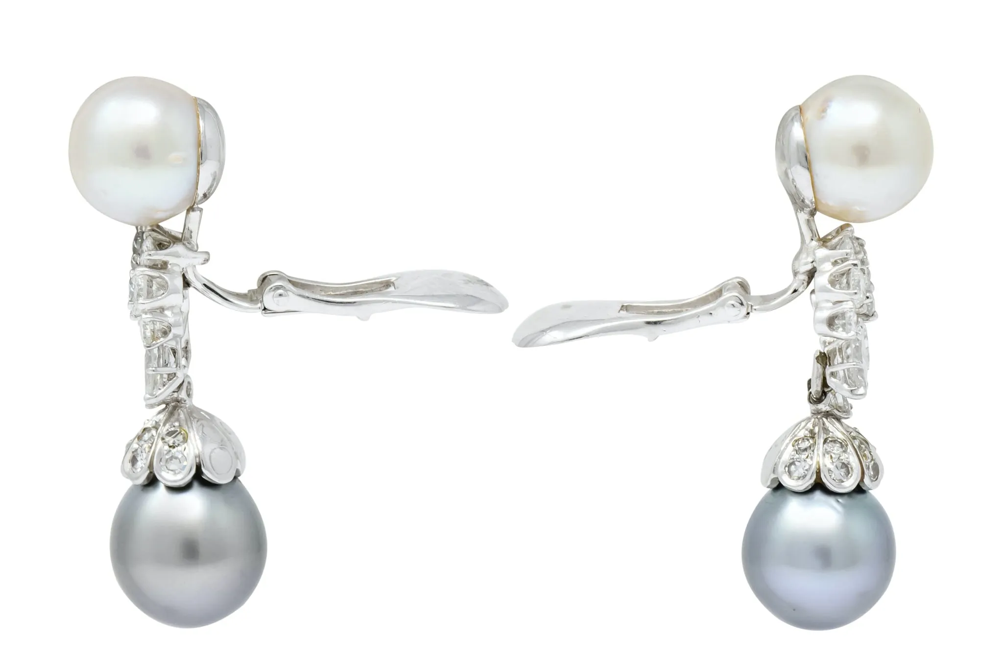 David Webb 2.40 CTW Diamond Cultured Pearl Drop Ear-Clip Earrings