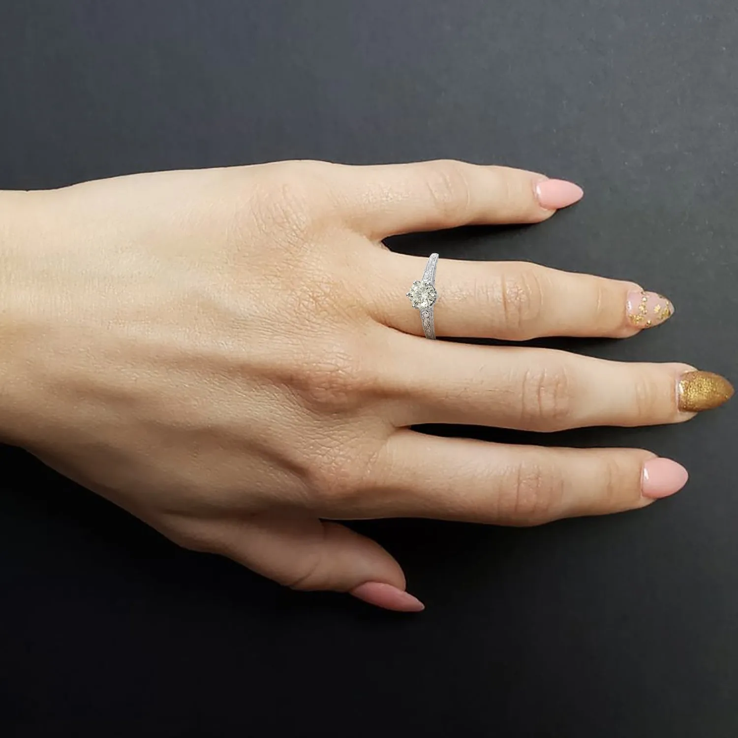 Engraved Gold with Round Diamond Ring