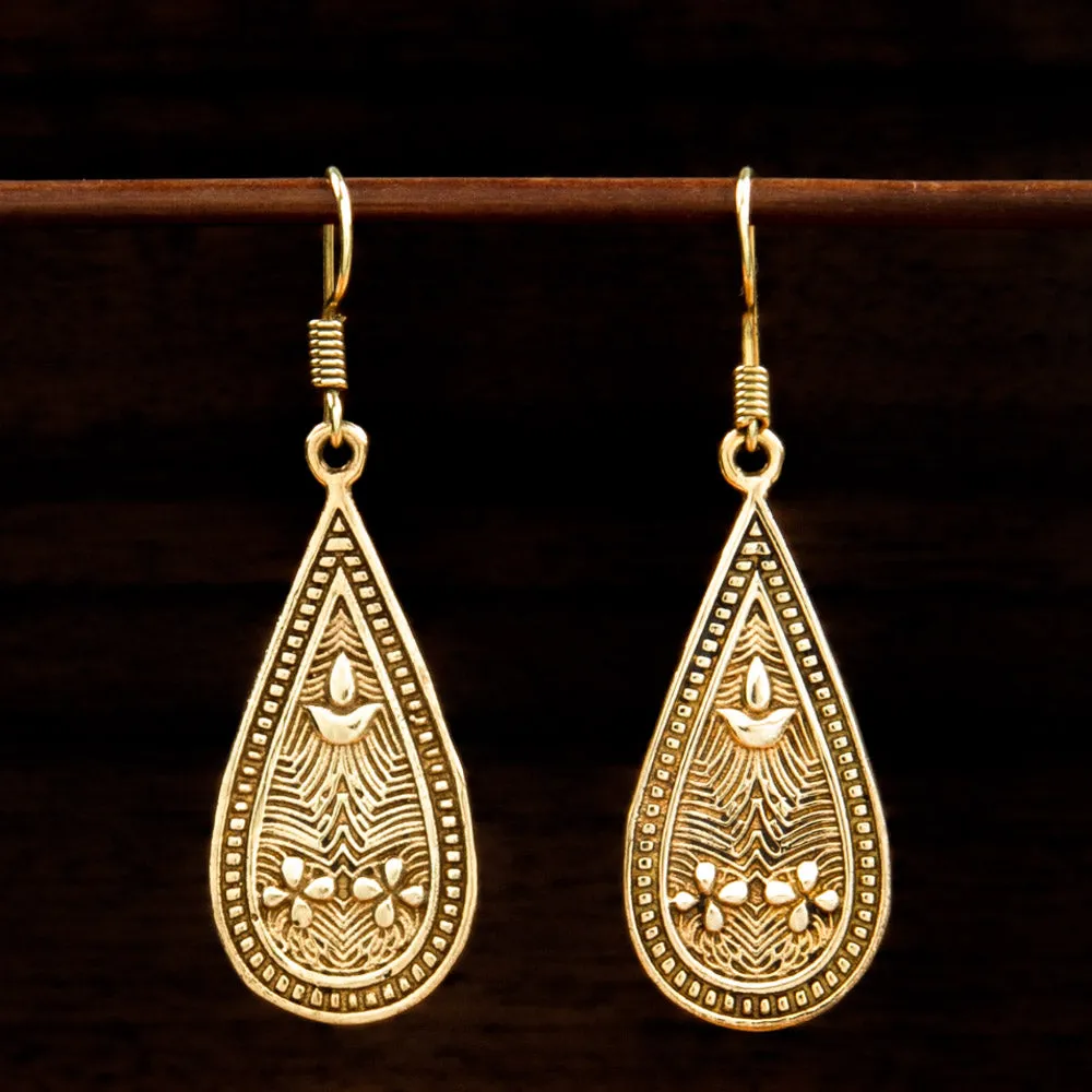 Engraved Teardrop Brass Earrings