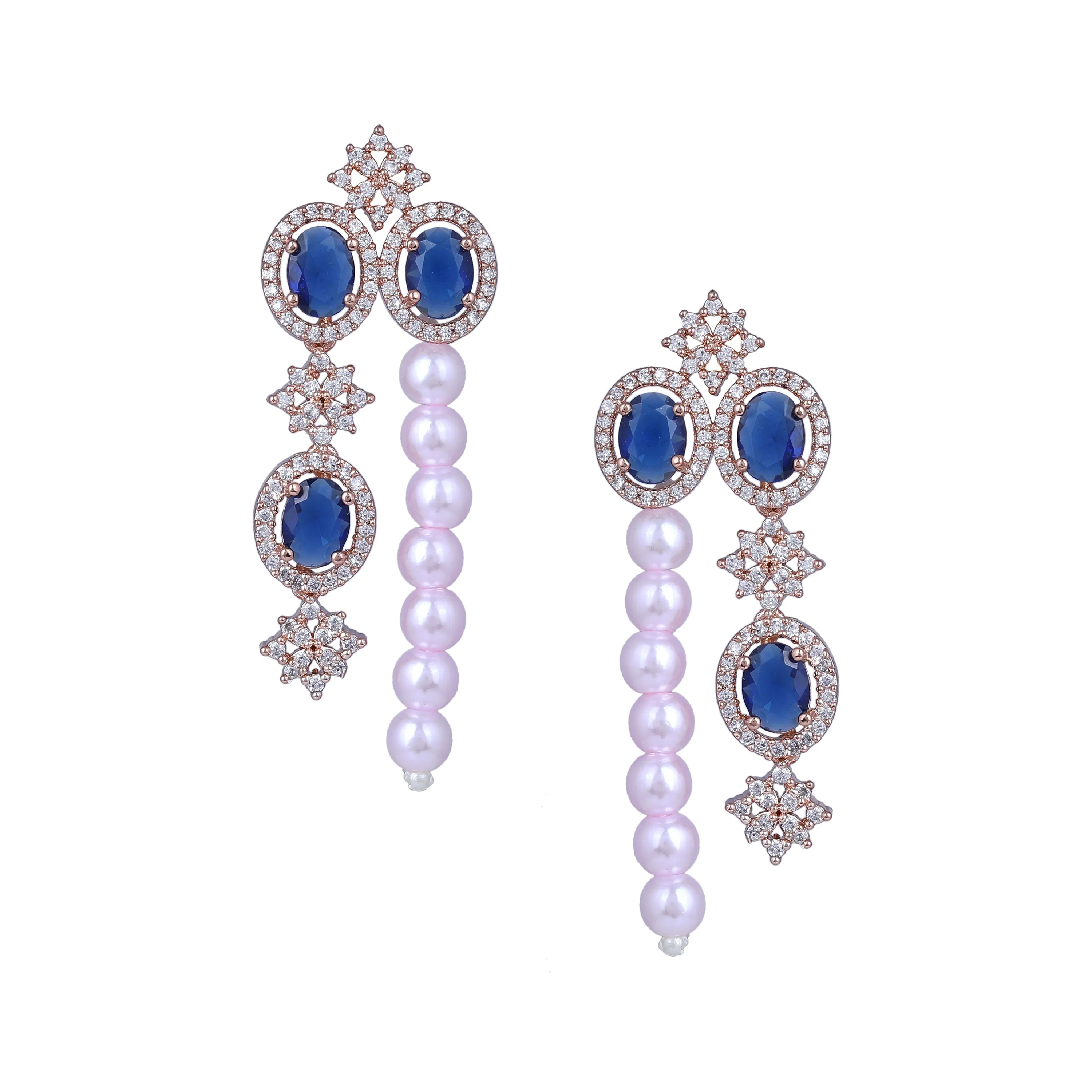 Estele Rose Gold Plated CZ Magnificent Earrings with Blue Stones & Pearls for Women