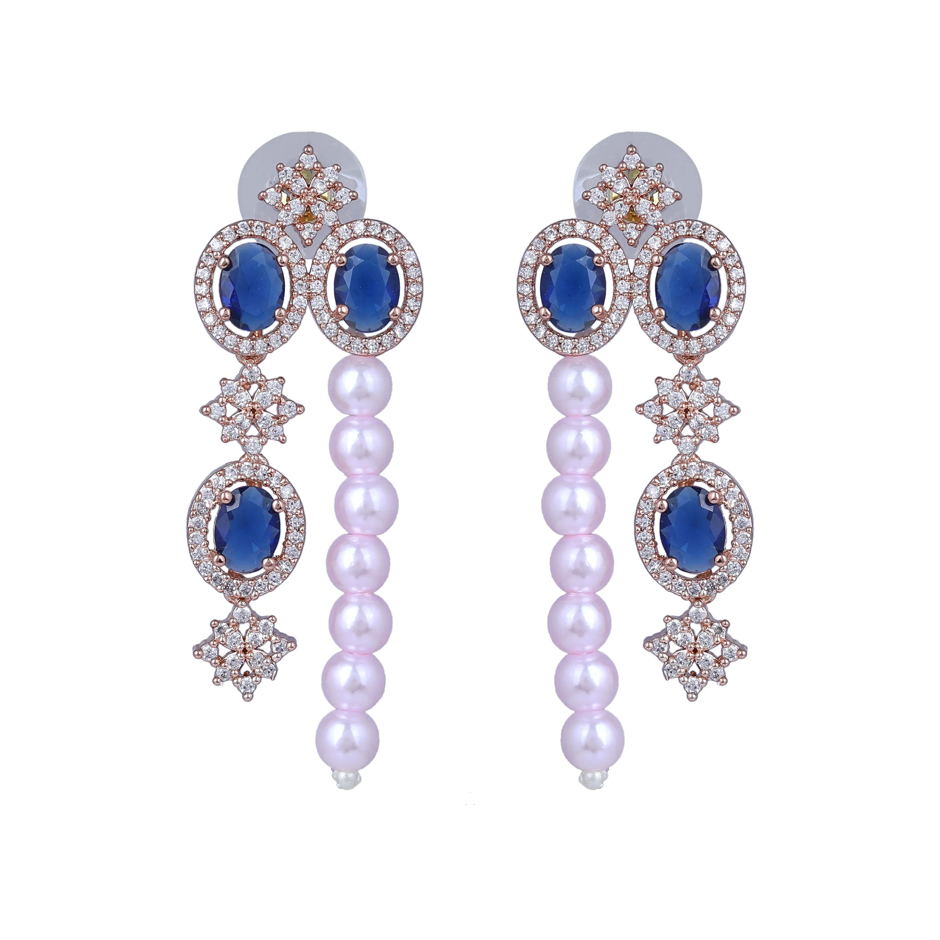 Estele Rose Gold Plated CZ Magnificent Earrings with Blue Stones & Pearls for Women