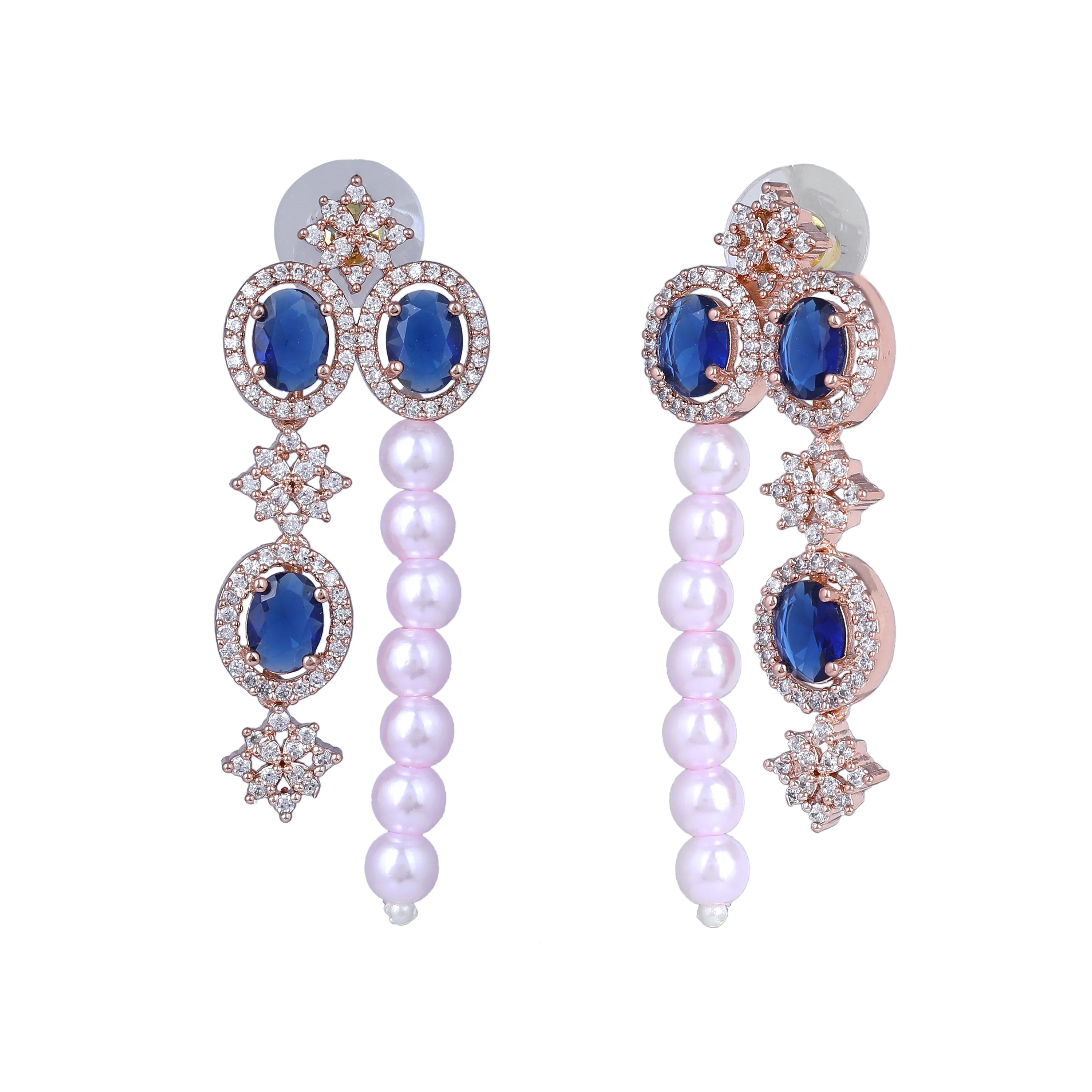 Estele Rose Gold Plated CZ Magnificent Earrings with Blue Stones & Pearls for Women