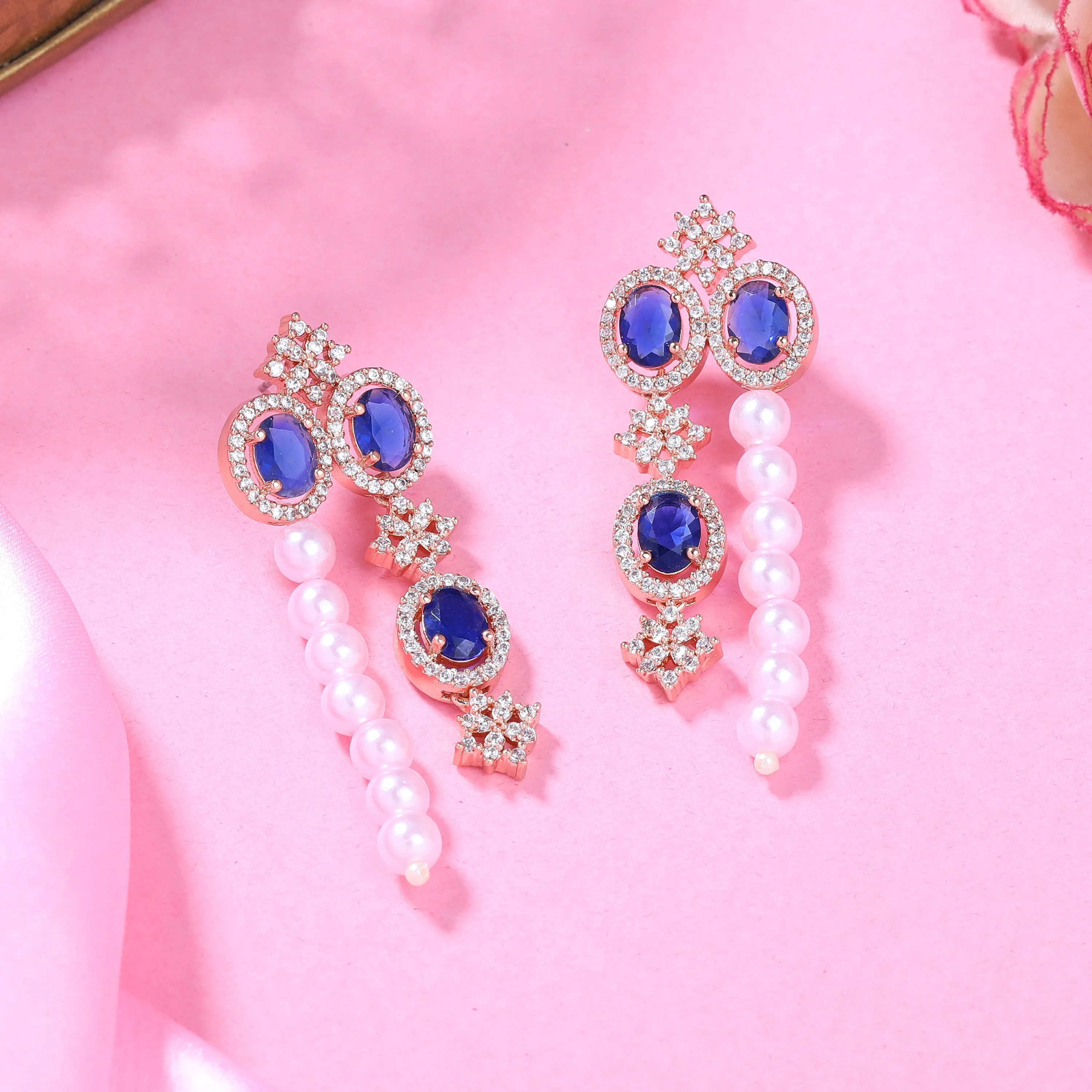 Estele Rose Gold Plated CZ Magnificent Earrings with Blue Stones & Pearls for Women