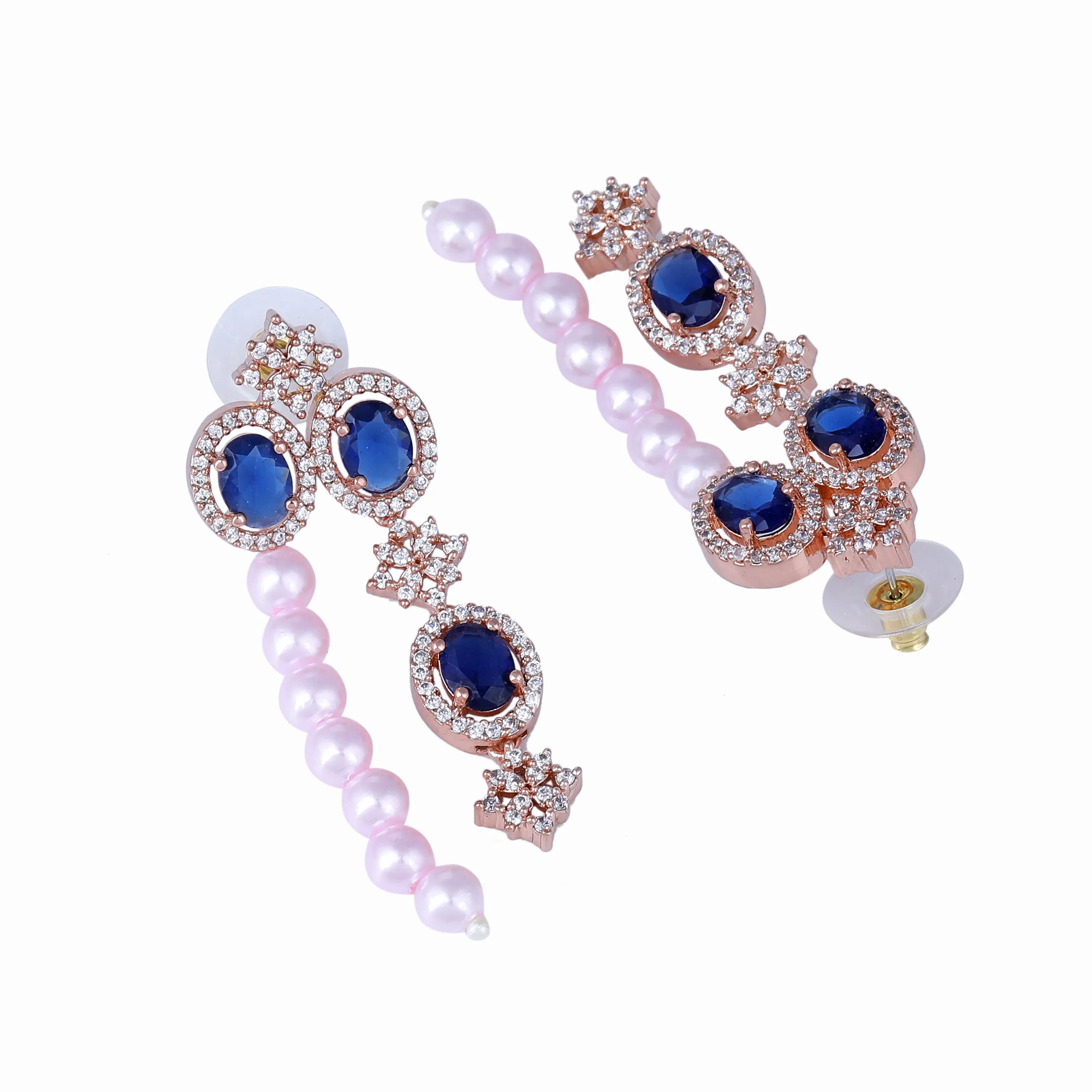 Estele Rose Gold Plated CZ Magnificent Earrings with Blue Stones & Pearls for Women