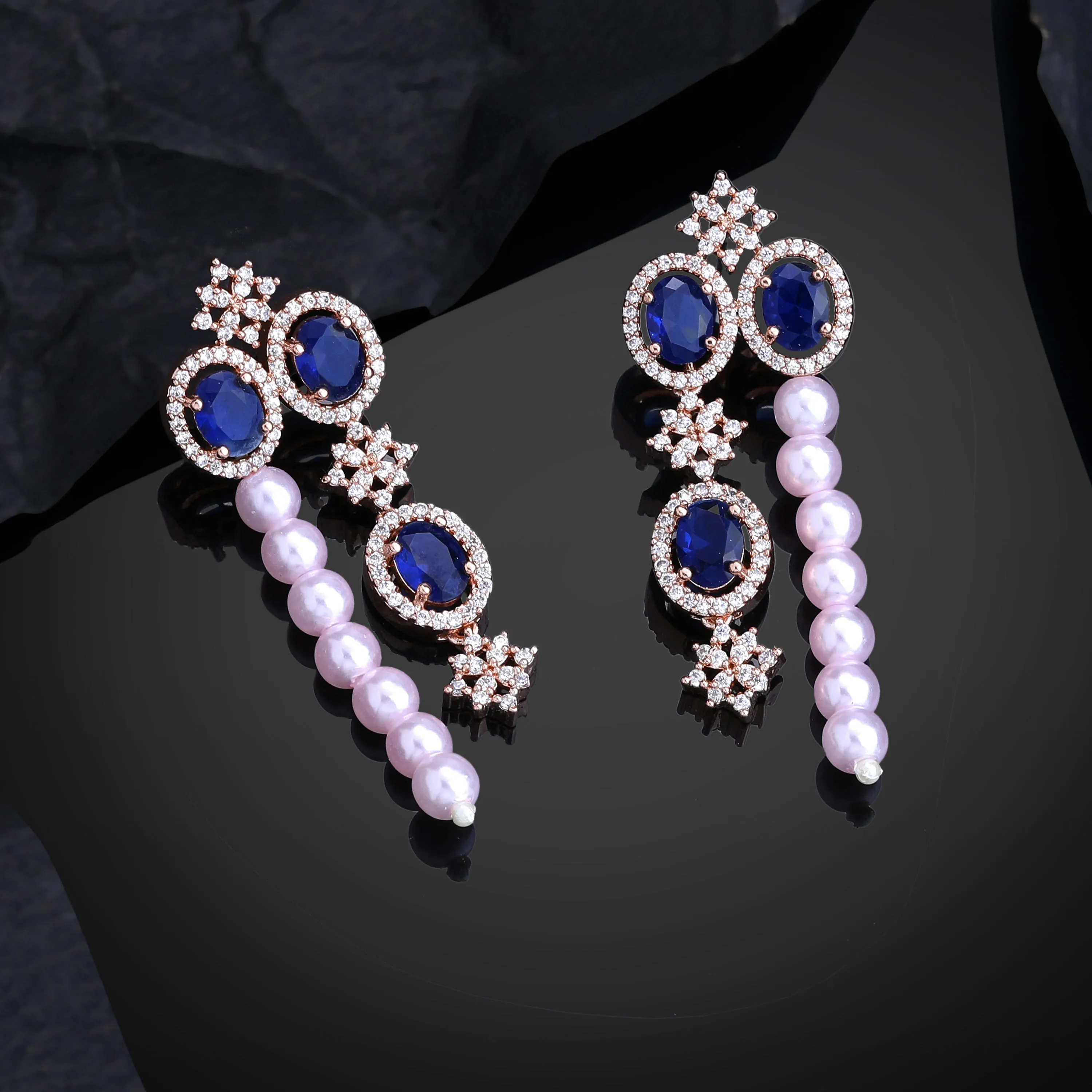 Estele Rose Gold Plated CZ Magnificent Earrings with Blue Stones & Pearls for Women