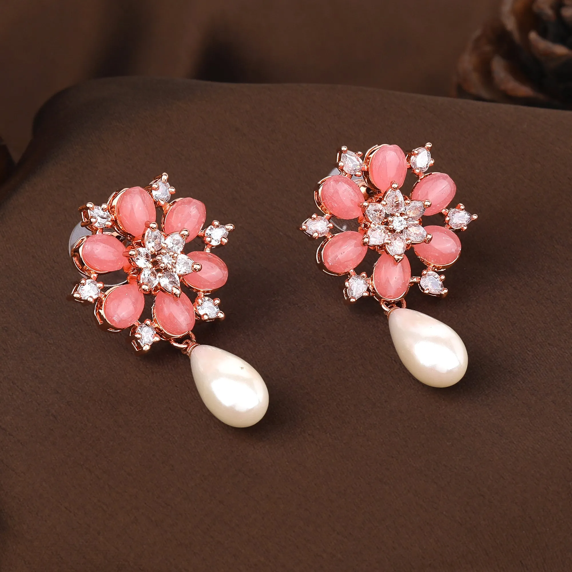 Estele Rosegold Plated Timeless Floral Inspired White Pearl Drop Varya Earrings with Mint Pink Beads for Women|Graceful Accessory