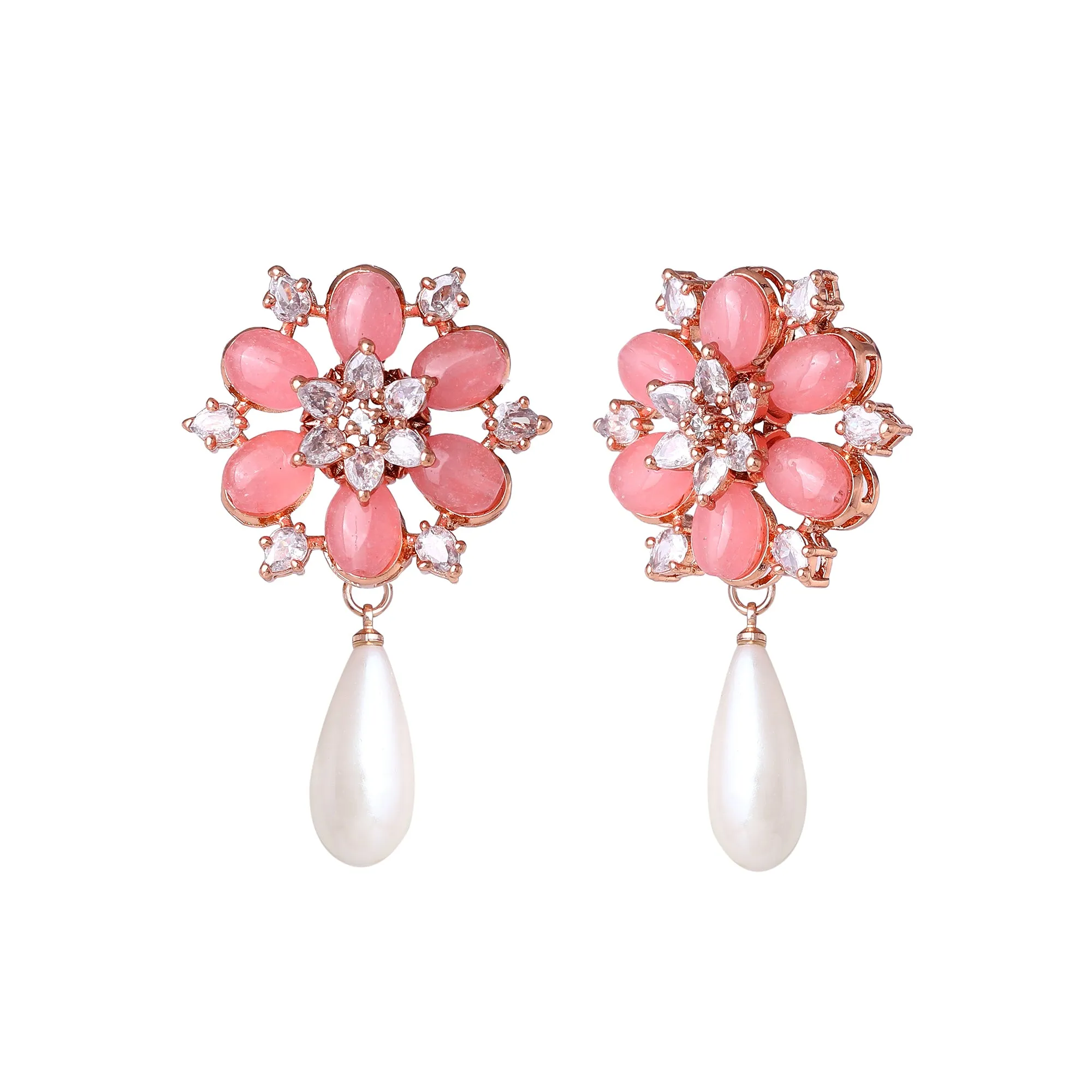 Estele Rosegold Plated Timeless Floral Inspired White Pearl Drop Varya Earrings with Mint Pink Beads for Women|Graceful Accessory