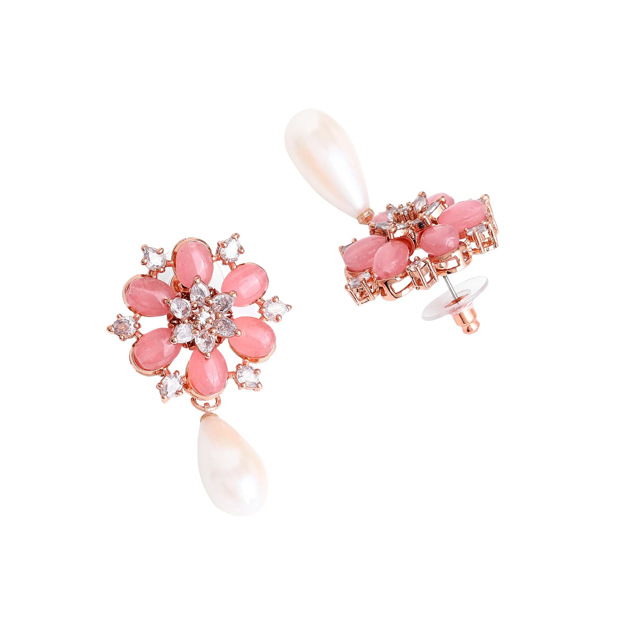 Estele Rosegold Plated Timeless Floral Inspired White Pearl Drop Varya Earrings with Mint Pink Beads for Women|Graceful Accessory