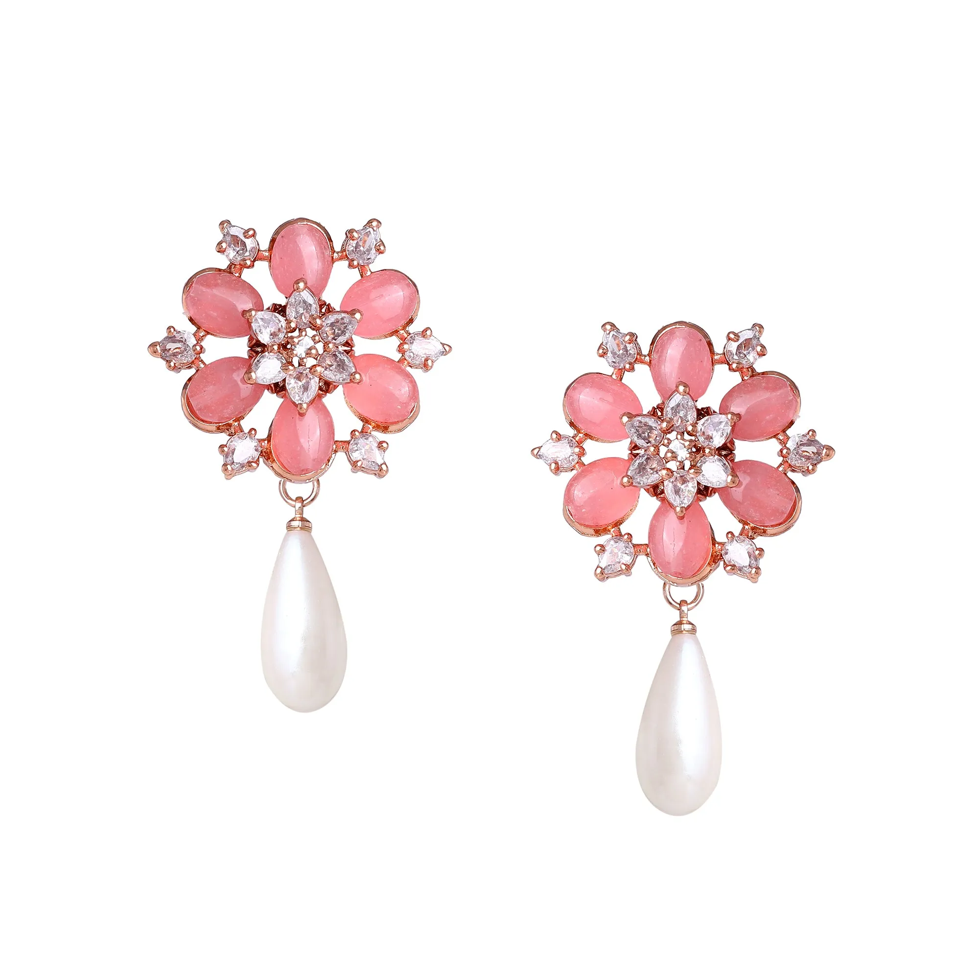 Estele Rosegold Plated Timeless Floral Inspired White Pearl Drop Varya Earrings with Mint Pink Beads for Women|Graceful Accessory