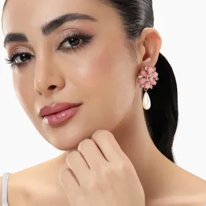 Estele Rosegold Plated Timeless Floral Inspired White Pearl Drop Varya Earrings with Mint Pink Beads for Women|Graceful Accessory