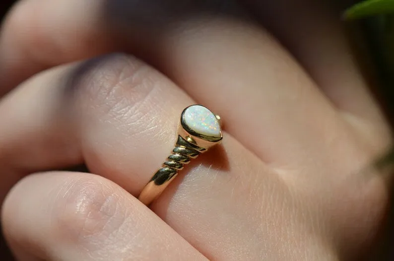 Ethiopian White Opal Teardrop Bezel Set Vintage Ring For Women  - 14k Gold Vermeil  Ring