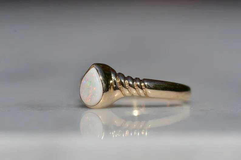 Ethiopian White Opal Teardrop Bezel Set Vintage Ring For Women  - 14k Gold Vermeil  Ring