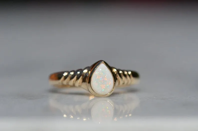 Ethiopian White Opal Teardrop Bezel Set Vintage Ring For Women  - 14k Gold Vermeil  Ring