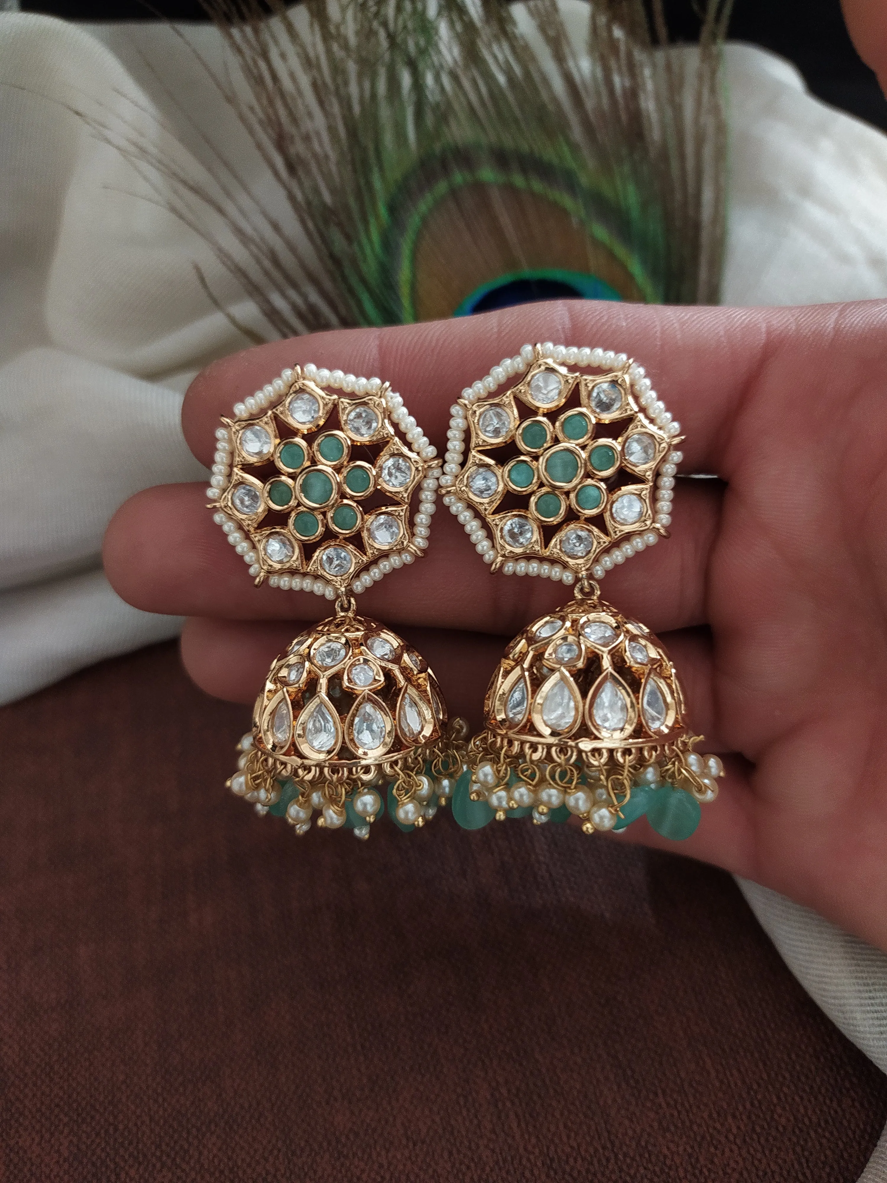 Exquisite Floral Design Kundan Jhumki in Pastel Mint and White with Bead Drops