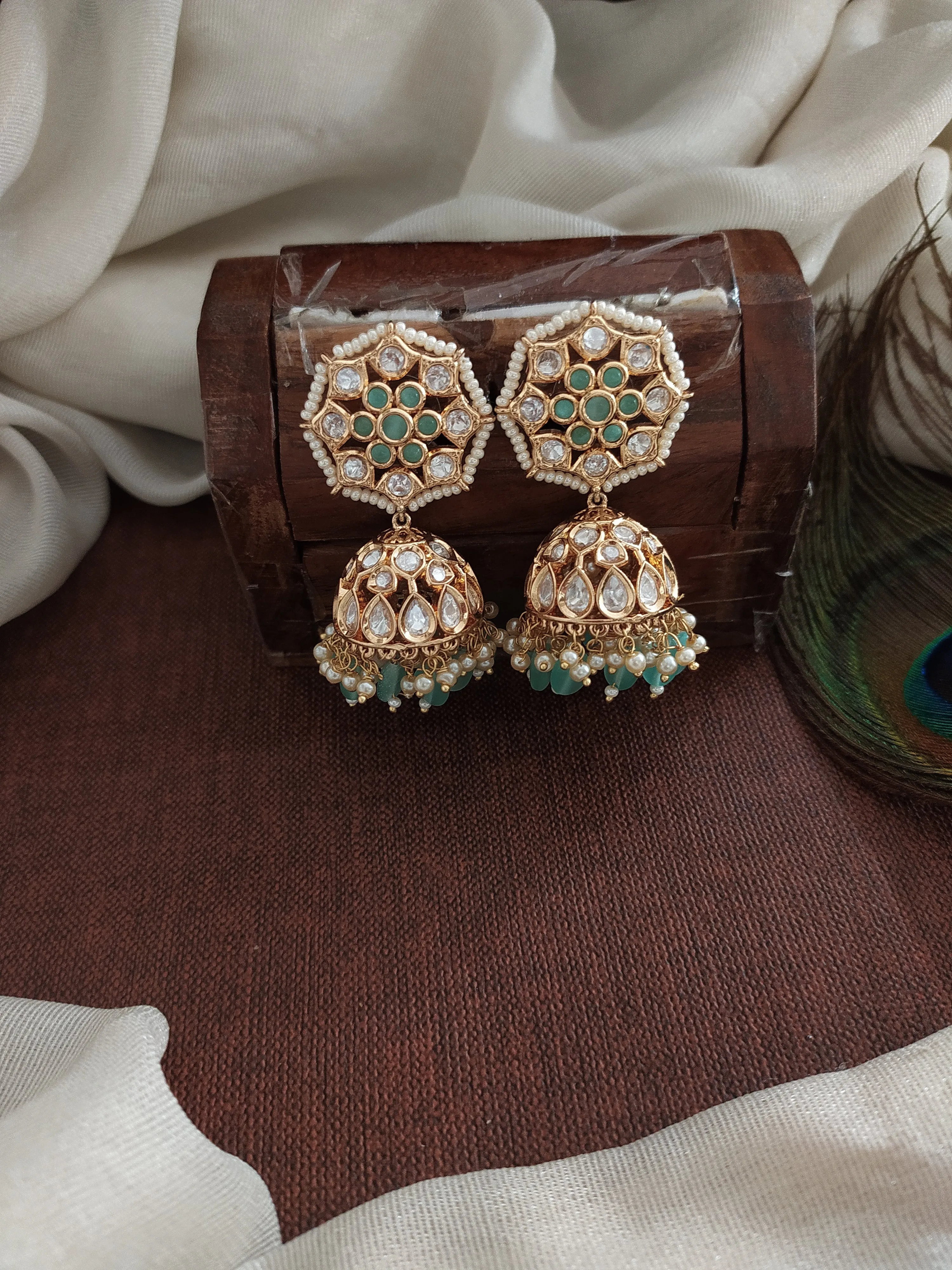 Exquisite Floral Design Kundan Jhumki in Pastel Mint and White with Bead Drops