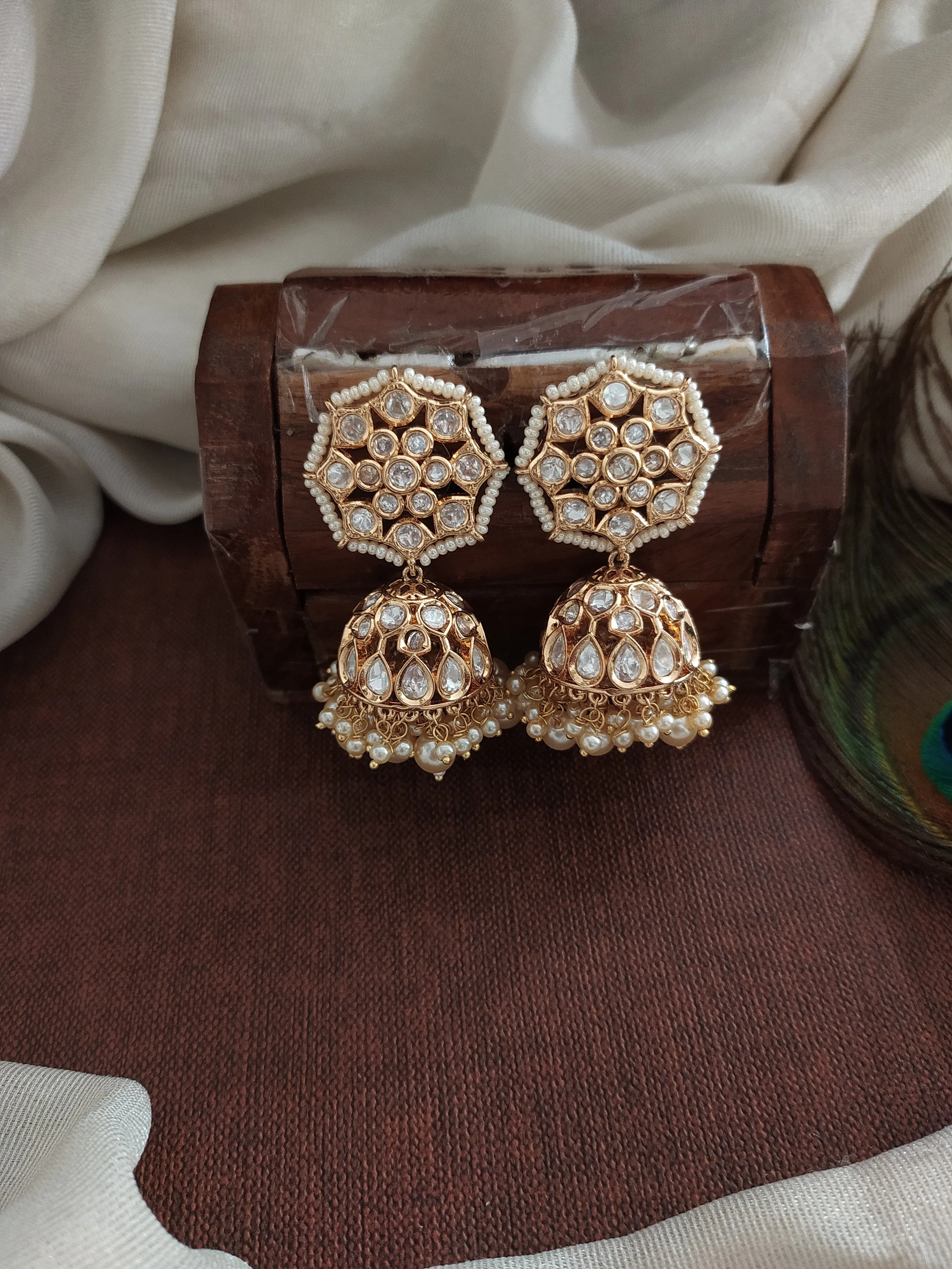 Exquisite Floral Design Kundan Jhumki in Pastel Mint and White with Bead Drops