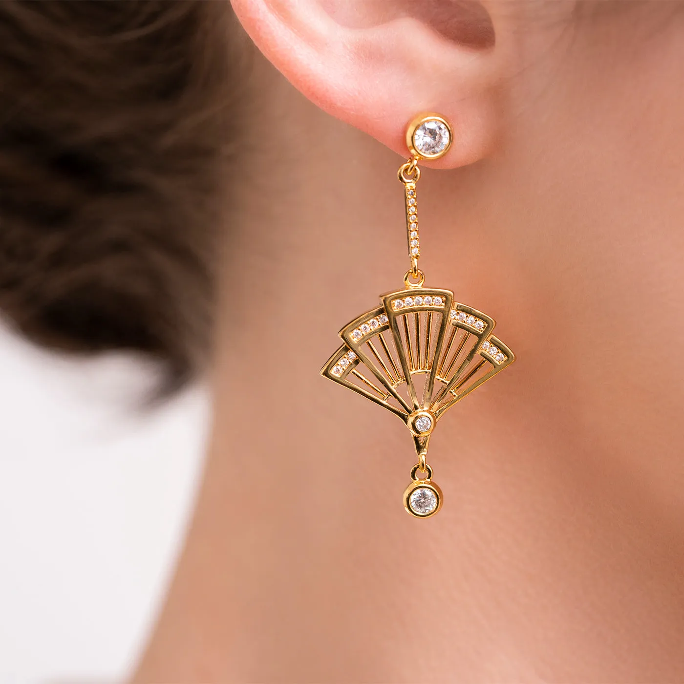 Fan Earrings - Gold with Clear Crystal