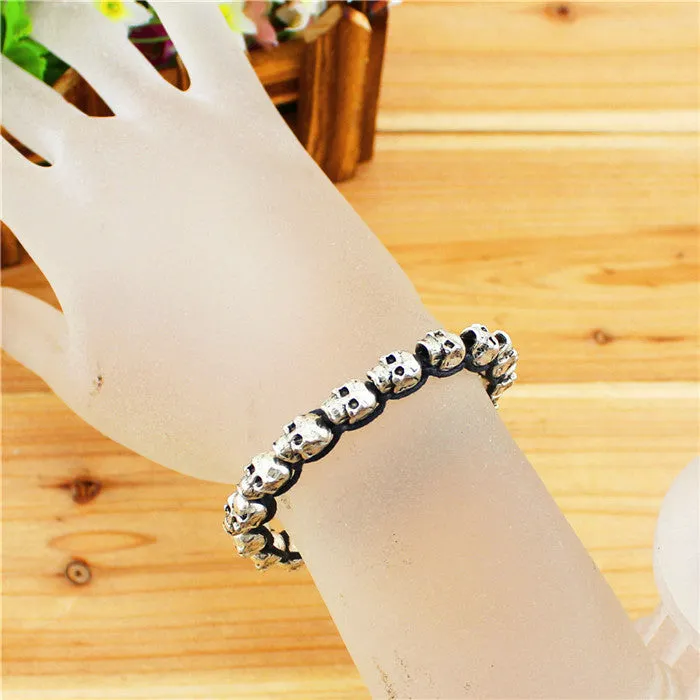 Fashion Jewelry Vintage Look Silver Plated Handmade Rope Woven Skull Bead Bracelet