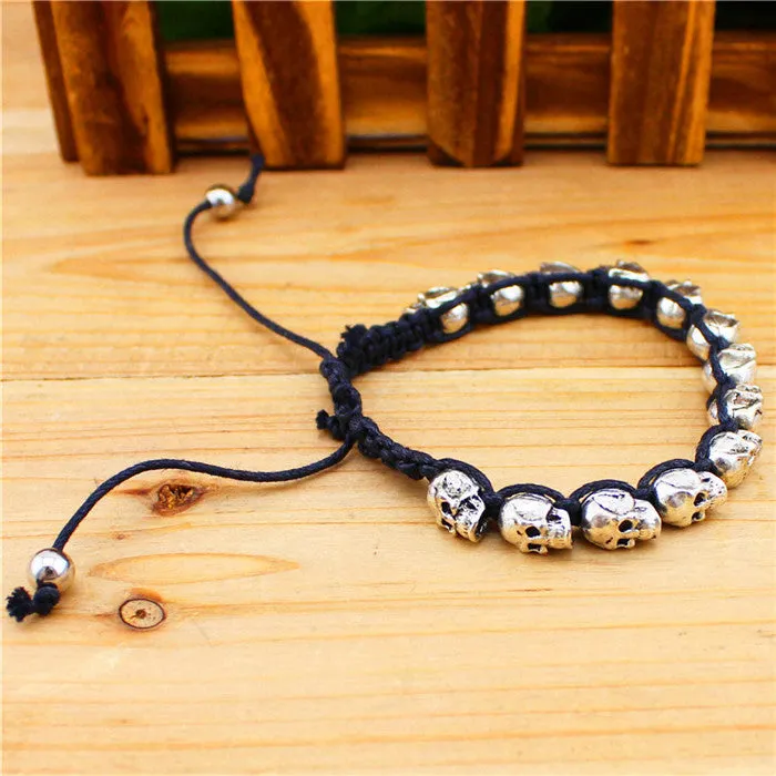 Fashion Jewelry Vintage Look Silver Plated Handmade Rope Woven Skull Bead Bracelet