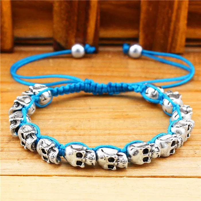 Fashion Jewelry Vintage Look Silver Plated Handmade Rope Woven Skull Bead Bracelet