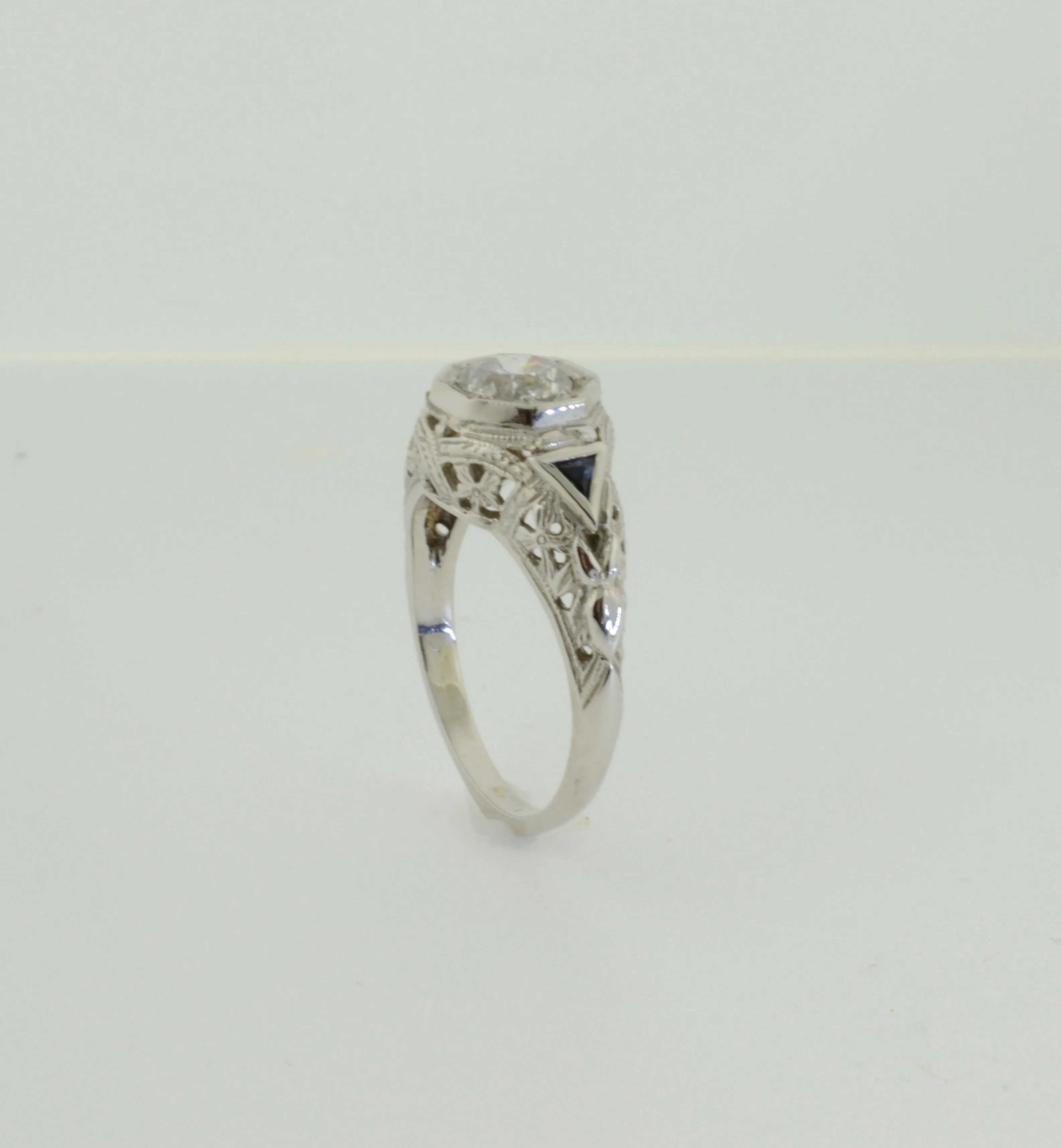 Filigree and Sapphire Diamond White Gold Wedding Ring