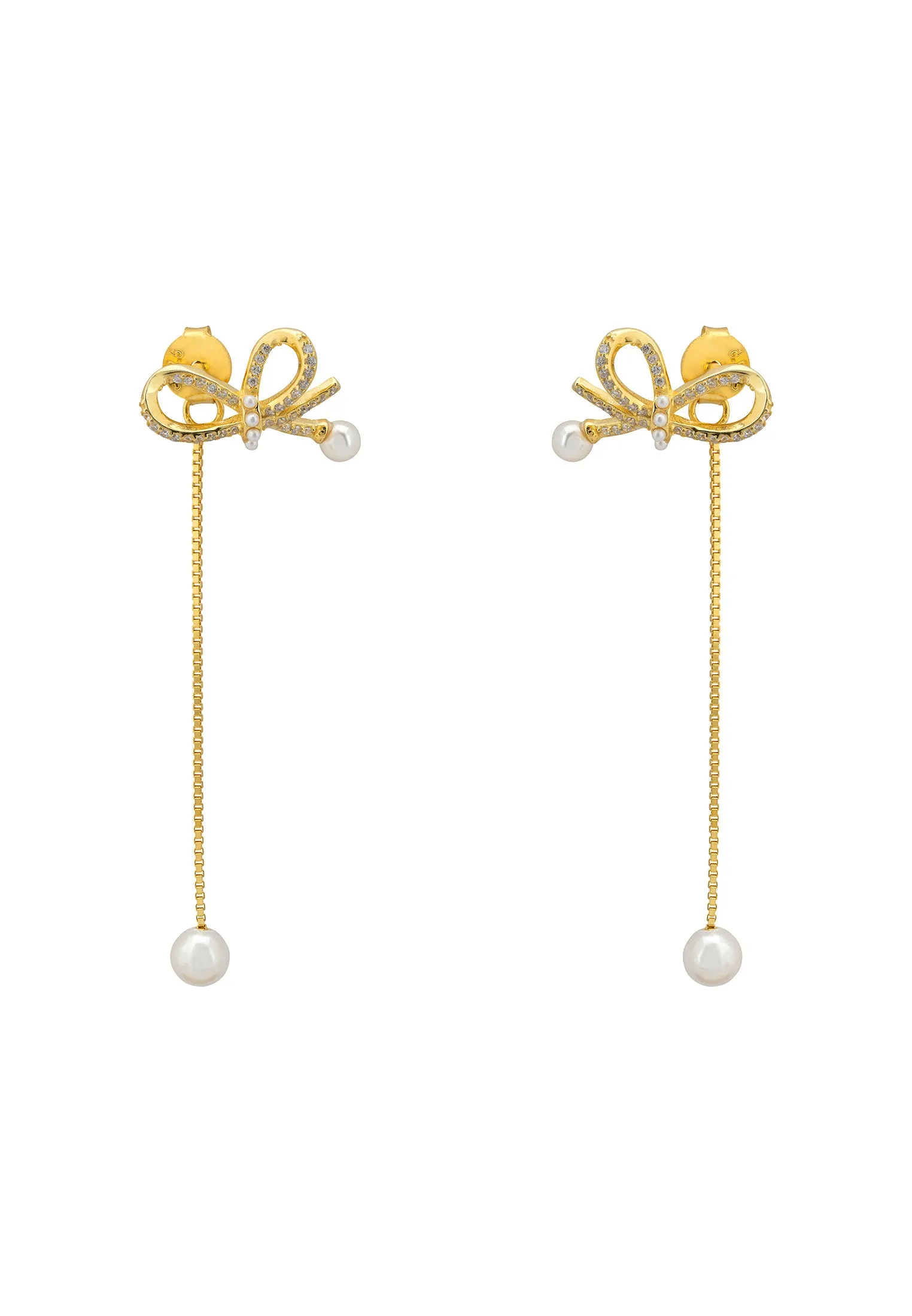 Flowing Ribbon Pearl Drop Earrings Gold