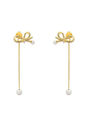 Flowing Ribbon Pearl Drop Earrings Gold