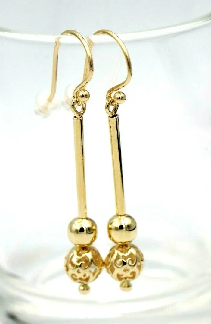 Genuine 9ct 9kt Yellow, Rose or White Gold Spinning 6mm Plain   8mm Filigree Ball 50mm Drop Earrings