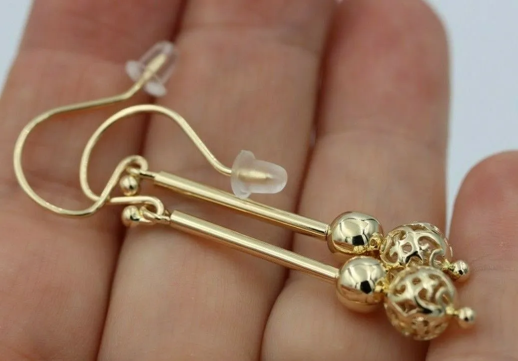 Genuine 9ct 9kt Yellow, Rose or White Gold Spinning 6mm Plain   8mm Filigree Ball 50mm Drop Earrings