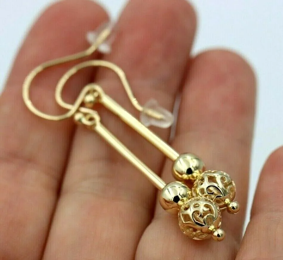 Genuine 9ct 9kt Yellow, Rose or White Gold Spinning 6mm Plain   8mm Filigree Ball 50mm Drop Earrings