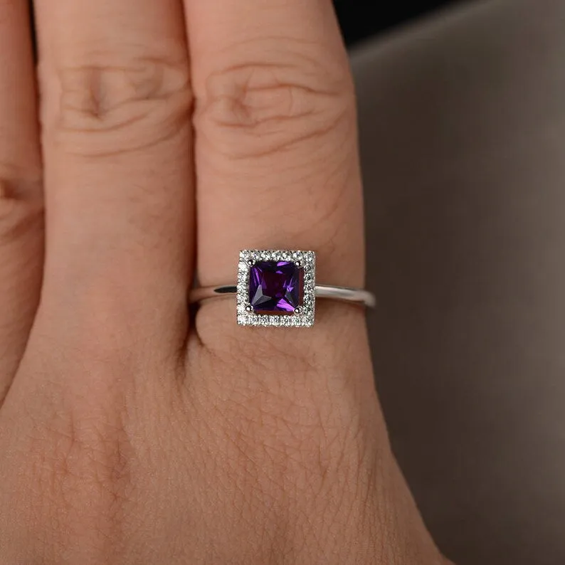 Genuine Princess Cut Amethyst Halo 925 Solid Sterling Silver Ring