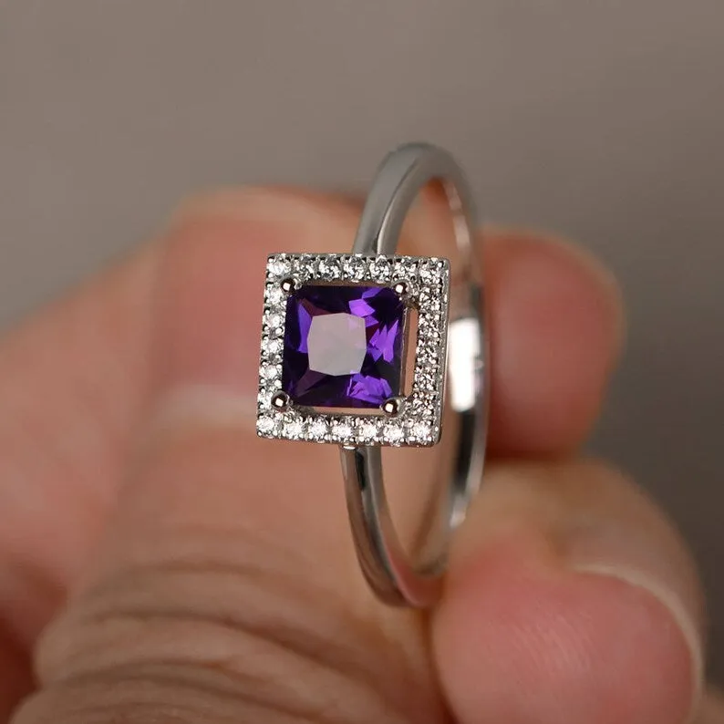 Genuine Princess Cut Amethyst Halo 925 Solid Sterling Silver Ring