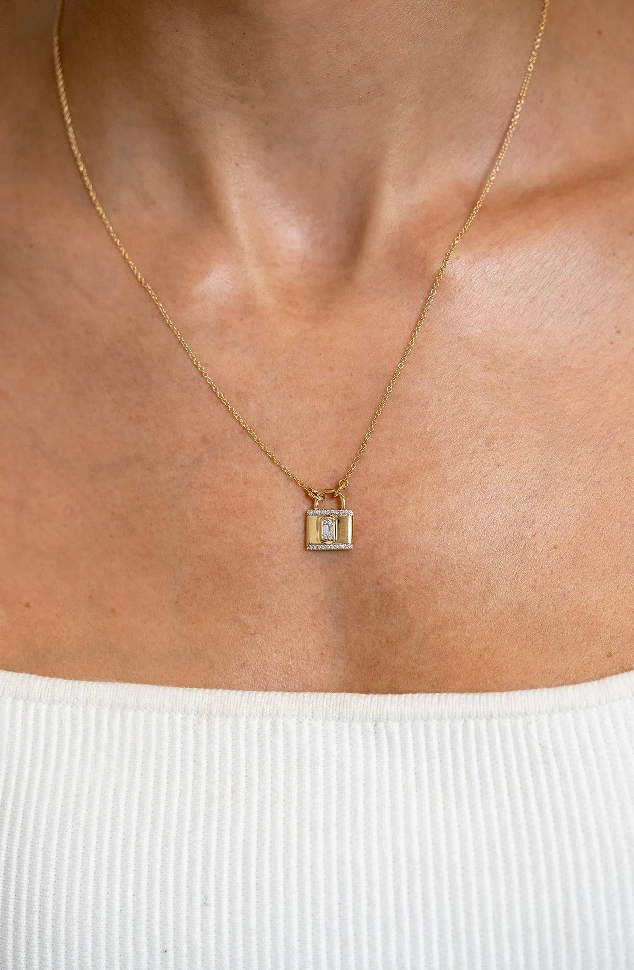 Gold and Baguette-Diamond Lock Pendant by Shy Creation