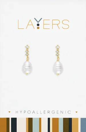 Gold Pearl Dangle Stud Layers Earrings